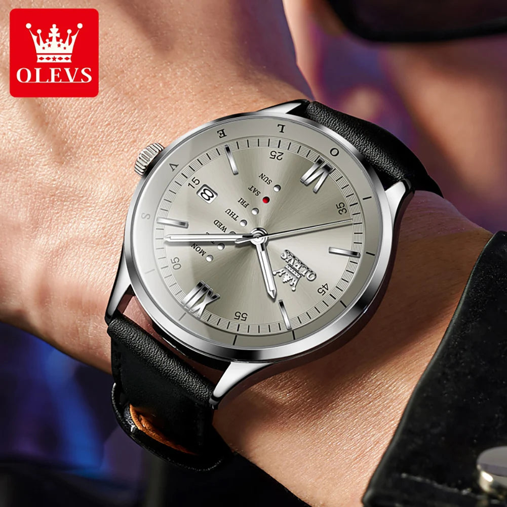 OLEVS Herrenuhren Schlichte Quarz-Kleid-Wochen-Datumsanzeige Für Herren Wasserdicht Leuchtendes Leder Business-Herrenuhr 2931