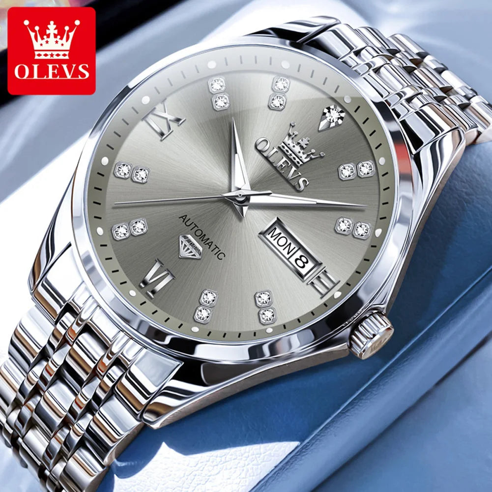 OLEVS 9801 Herrenuhr Wasserdicht Dual Kalender Luxus Mechanische Uhr Für Männer Diamant Zifferblatt Edelstahl Automatische Armbanduhr