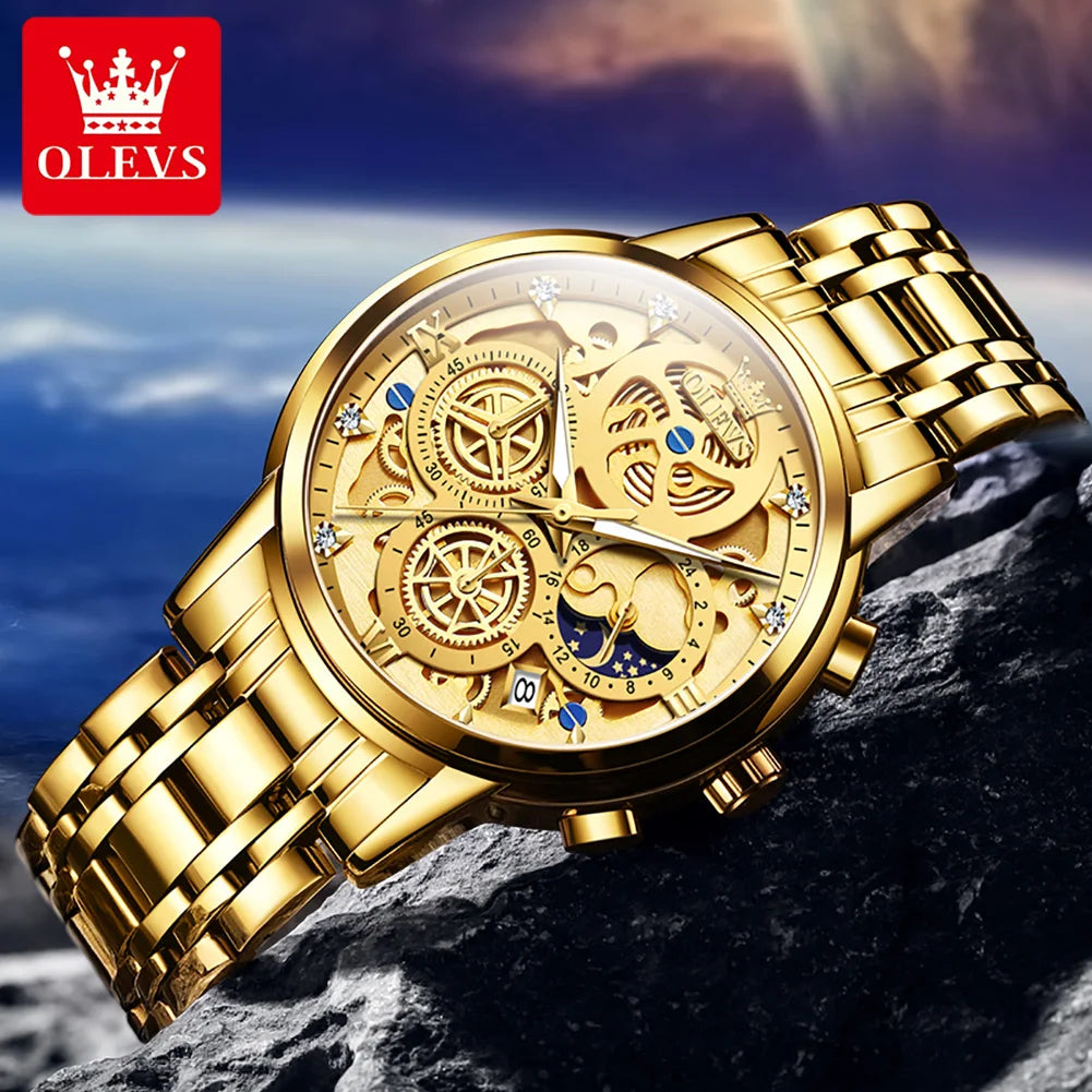 OLEVS 9947 Original Klassische Skelett Quarzuhren für Herren Marke Wasserdichte Edelstahl Kalender Herren Armbanduhr