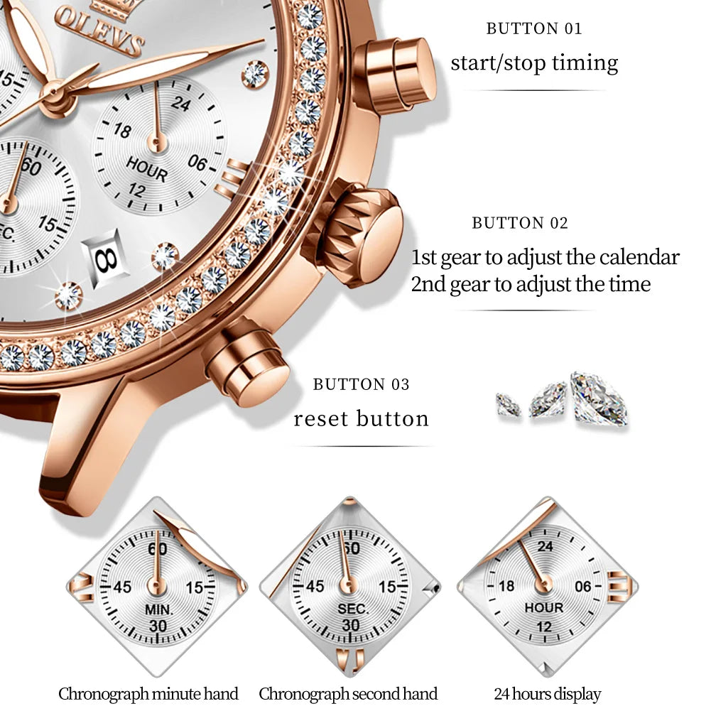 OLEVS 9933 Damen-Armbanduhr Luxus Diamant Quarz Uhr für Damen Chronograph Kalender Top Marke Armbanduhr Wasserdicht Leuchtend
