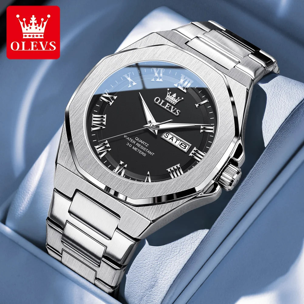 OLEVS 3727 Herrenuhren Wasserdicht Leuchtend Wochentag Datum Quarzuhr Edelstahl Luxusuhren für Männer Hochwertige Uhr