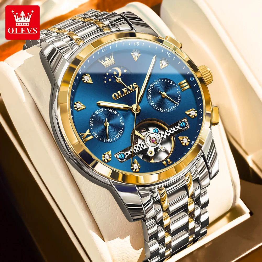 OLEVS Herrenuhren Business Mondphase Luxus Automatische Mechanische Uhr Für Herren Wasserdicht Edelstahl Woche Datum Uhr 6678