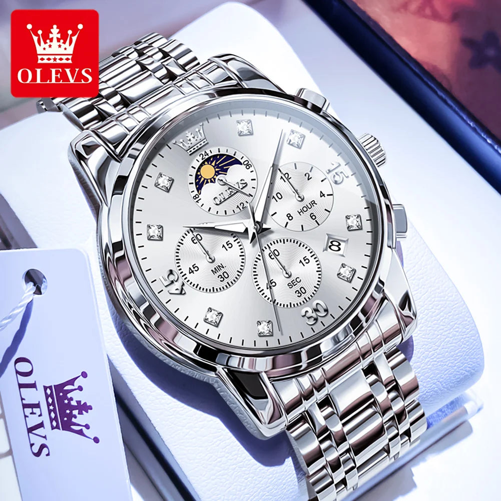 OLEVS 3652 Man Watch Number Scale Quartz Watch For Men Chronograph Moon Phase Date Luxury Waterproof Luminous Male Hand Clock