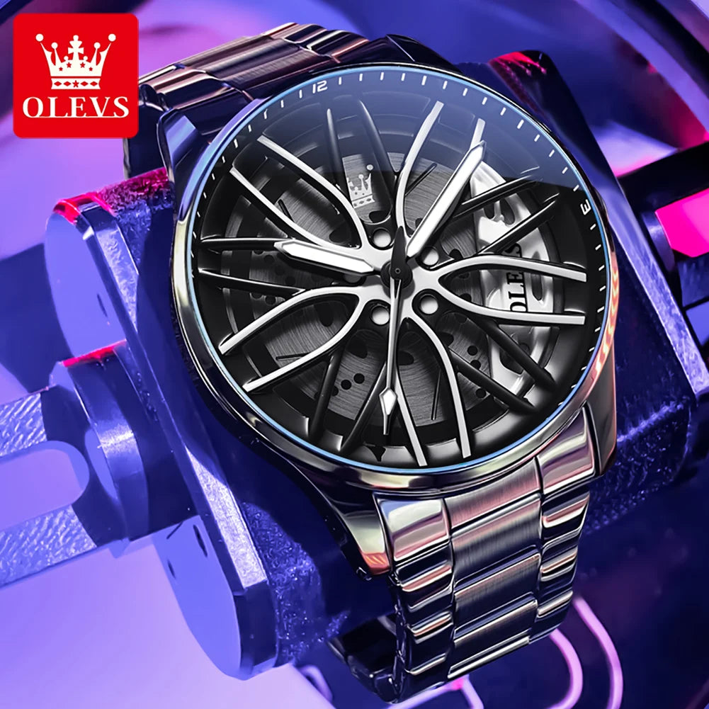 OLEVS Herrenuhr Quarzuhr Original drehbares Radnaben-Zifferblatt Modetrend Wasserdicht Leuchtend Edelstahl Armbanduhr 9937