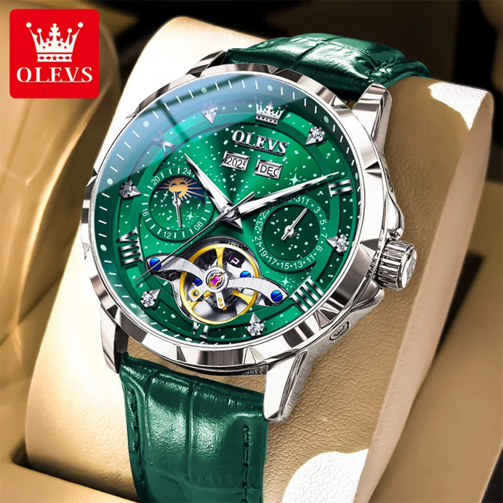 OLEVS 6690 Herrenuhr, hohle Mode-Datumsuhr, mechanische Uhr für Männer, Mondphase, tief wasserdicht, leuchtend, Original Herren Armbanduhr