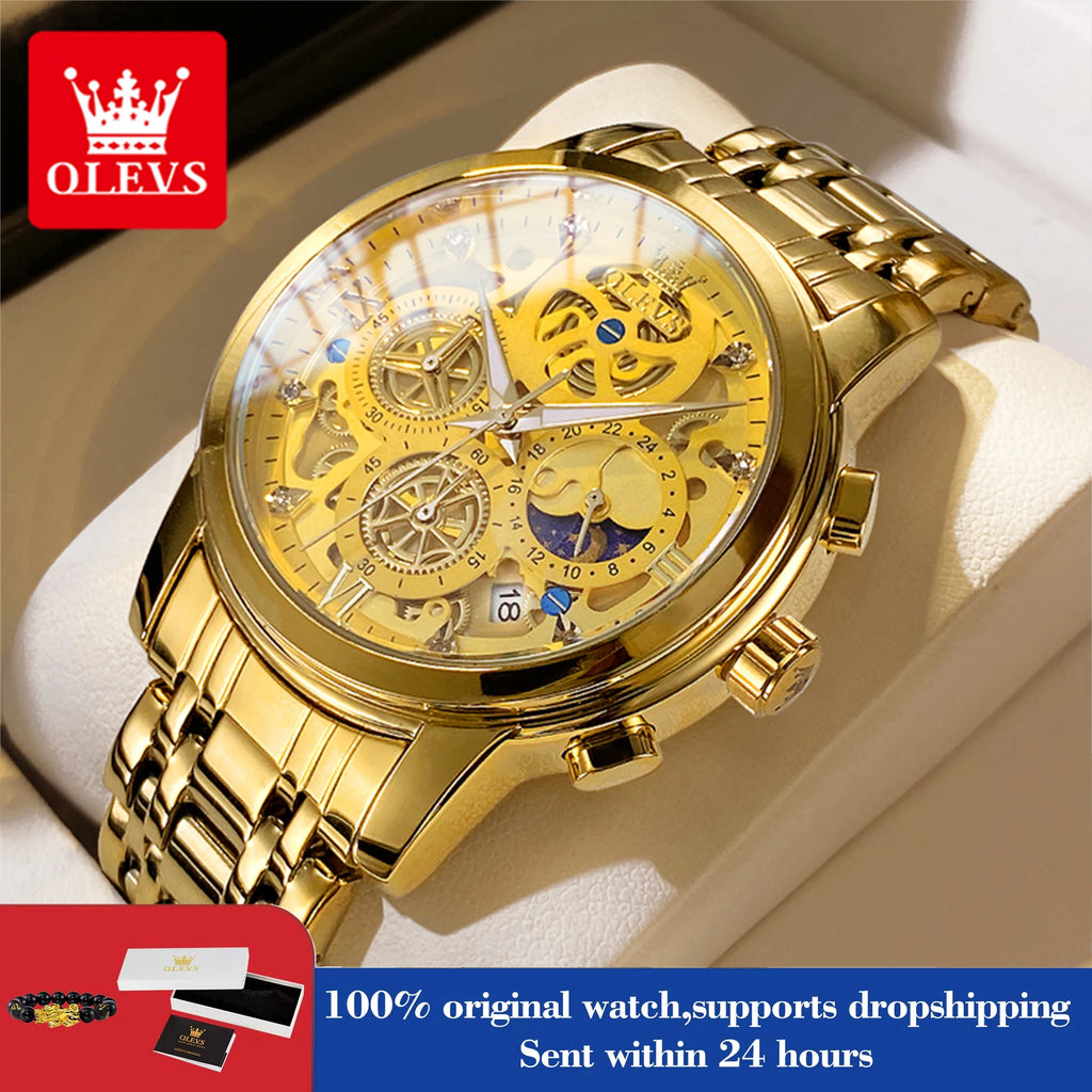 OLEVS 9947 Original Klassische Skelett Quarzuhren für Herren Marke Wasserdichte Edelstahl Kalender Herren Armbanduhr
