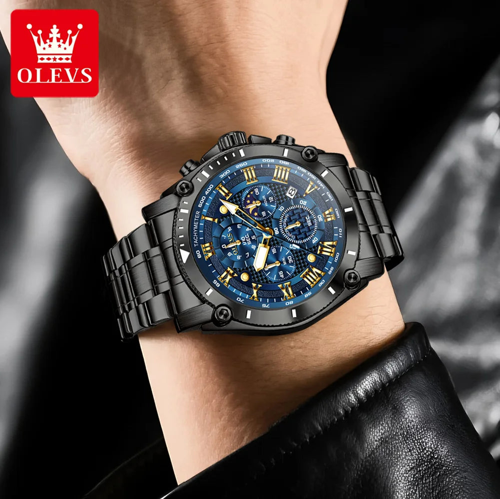 OLEVS 3689 Quarzuhr Herren Mode Original 47mm Großes Zifferblatt Römische Skala Mondphase Uhr Für Herren Kalender Wasserdicht Armbanduhr