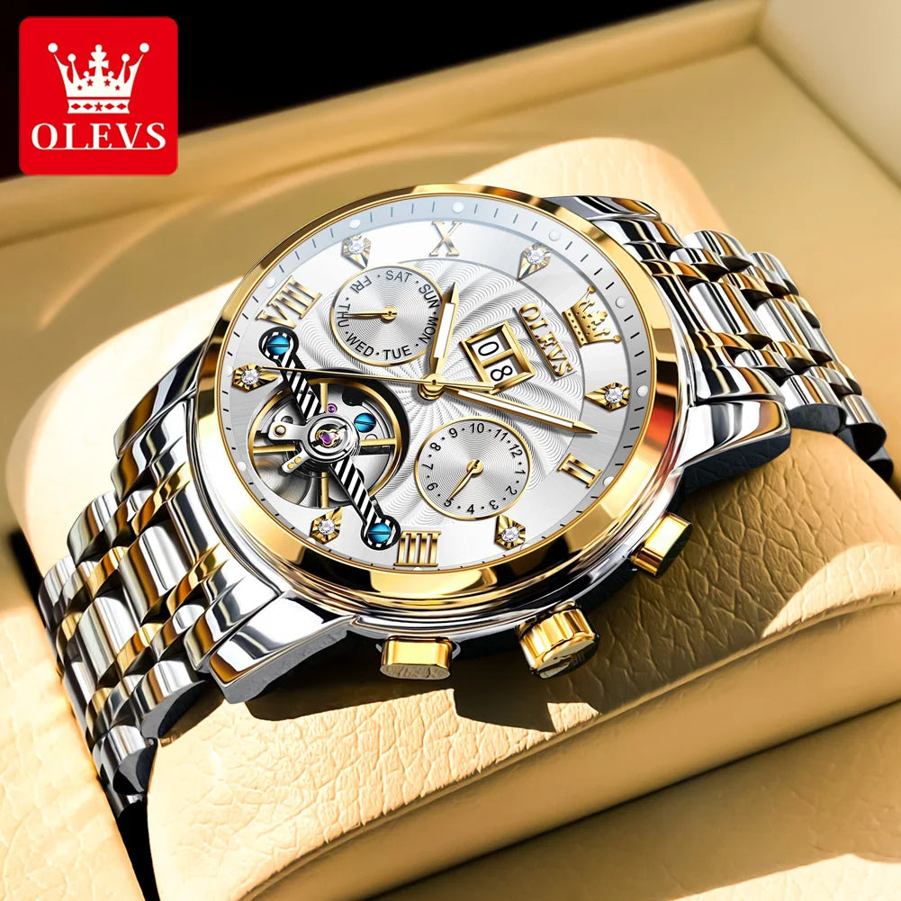 OLEVS 9910 Herrenuhr Luxus Business Mechanische Uhr für Herren Hohl Roman Skala Wasserdicht Leuchtender Kalender Herren-Armbanduhr
