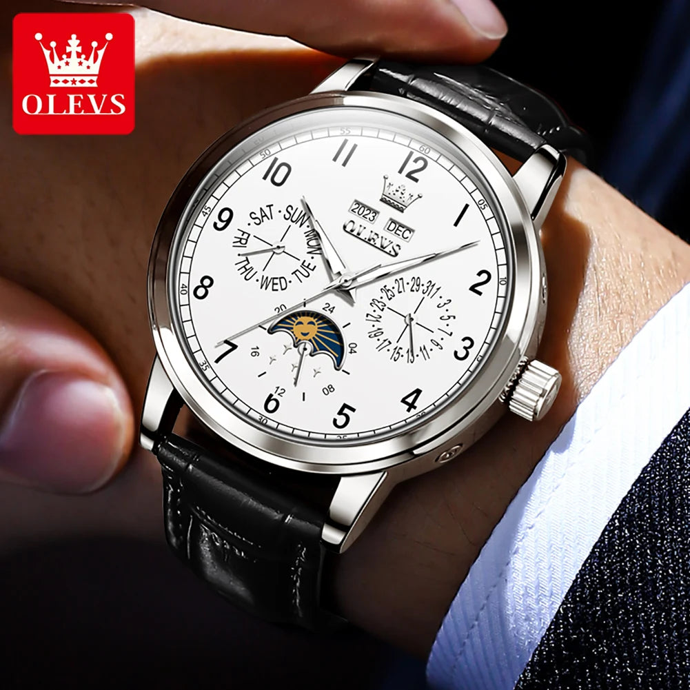 OLEVS 6698 Herren Automatikuhr mit Zifferblatt, Mondphase, mechanisch, für Herren, 42 mm großes Zifferblatt, wasserdicht, Leder, Herrenuhr