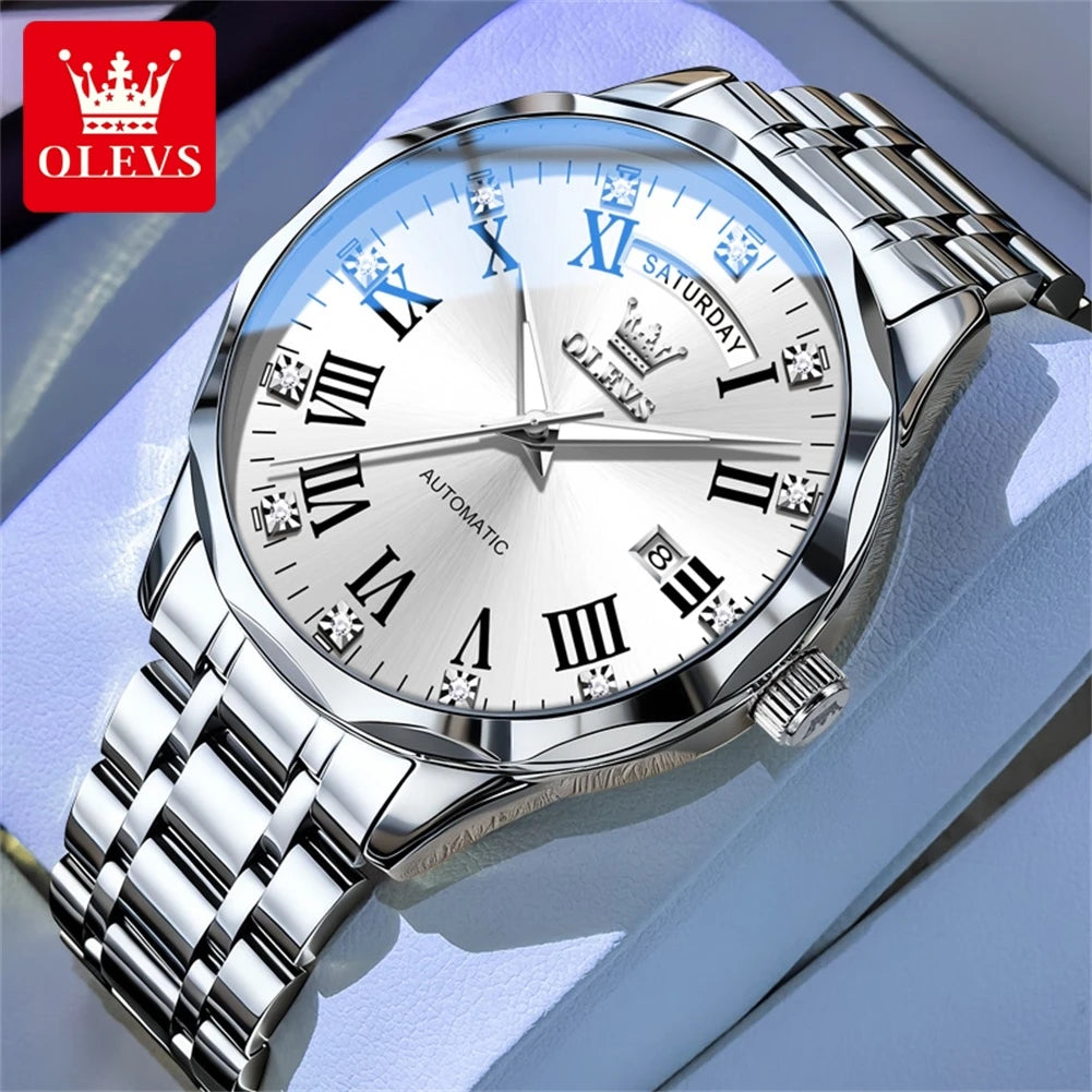 OLEVS 6780 Luxus Business Automatikuhr für Herren, römische Ziffern, Doppelkalender, wasserdicht, Edelstahl