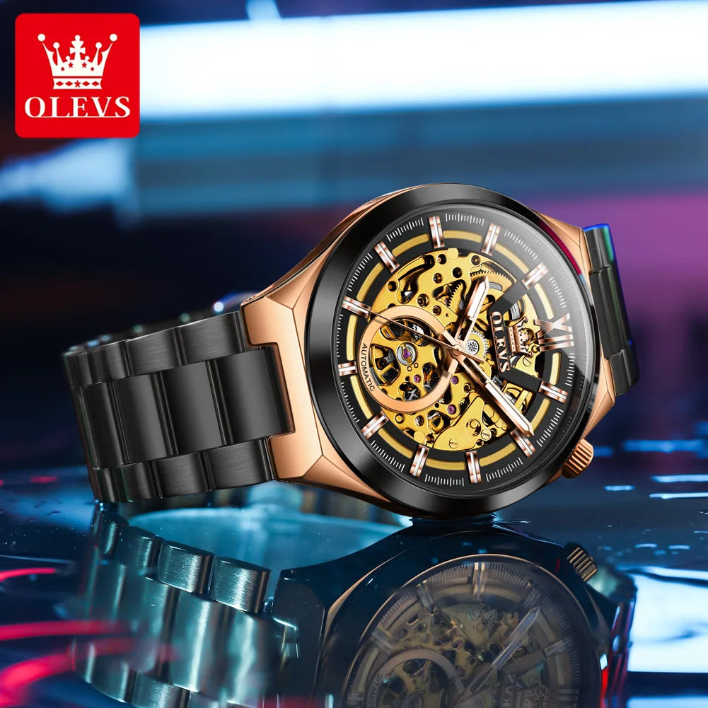 OLEVS 6722 Armbanduhr für Herren, modische, originelle, hohle, automatische mechanische Uhr, Top-Marke, wasserdicht, leuchtend, luxuriöse Herrenuhr