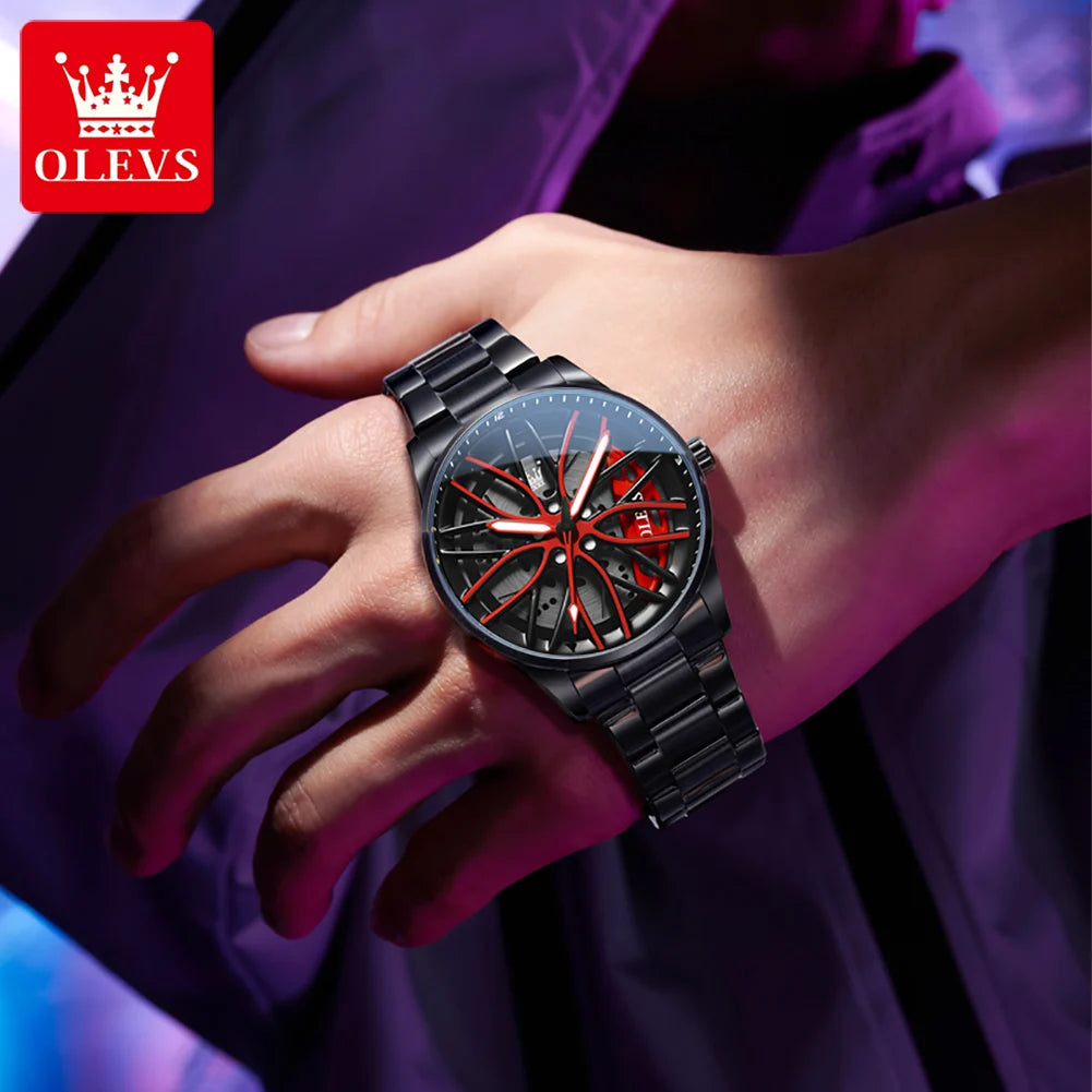 OLEVS Herrenuhr Quarzuhr Original drehbares Radnaben-Zifferblatt Modetrend Wasserdicht Leuchtend Edelstahl Armbanduhr 9937
