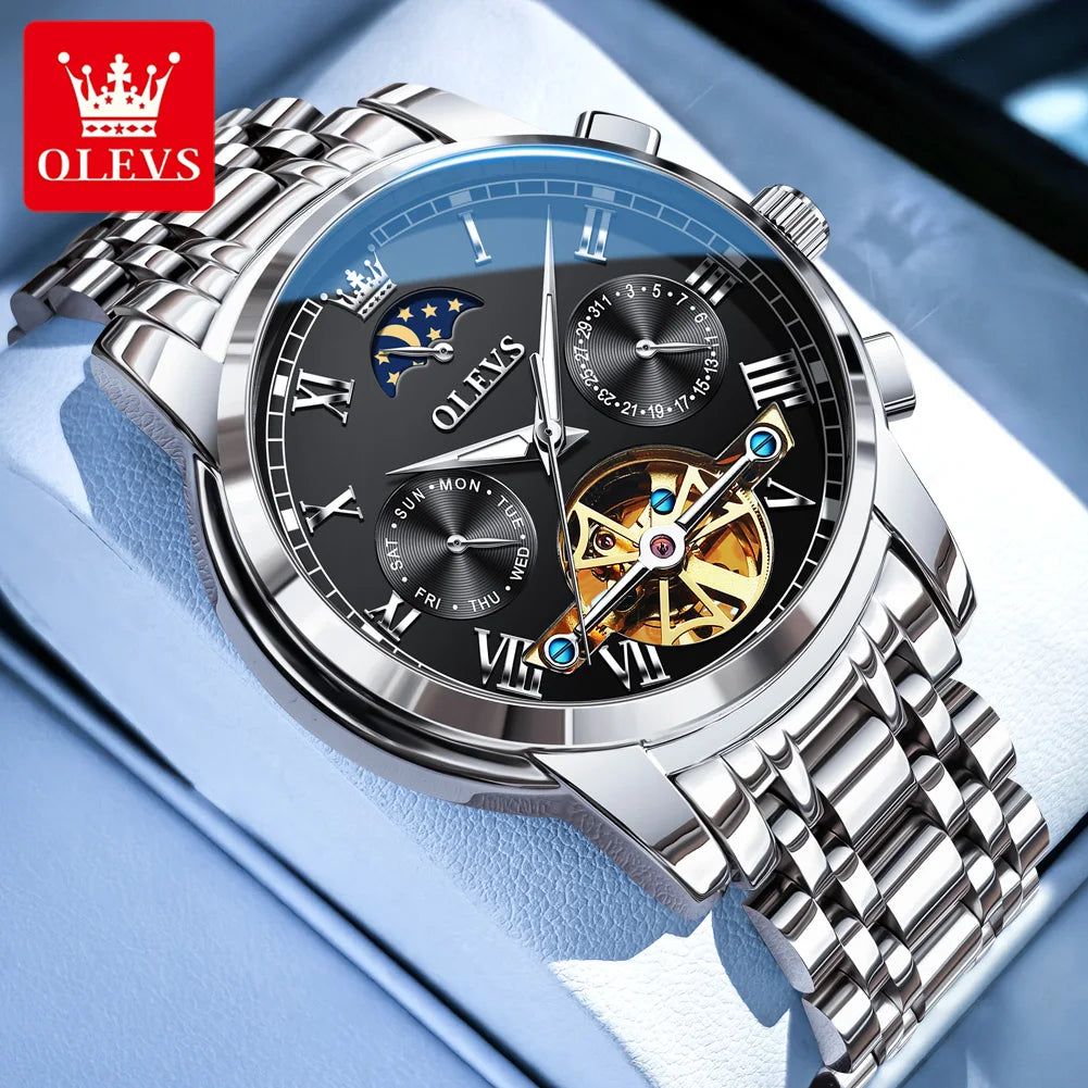 OLEVS Herrenuhren Mondphase Luxus-Edelstahl-Schwungrad Mechanische Handuhr Datum Wasserdicht Leuchtende Herrenuhr 6617