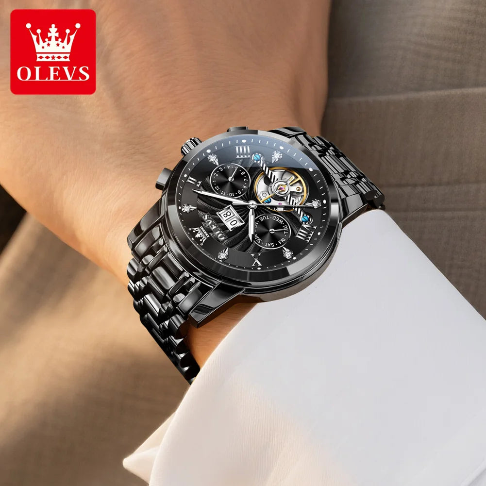OLEVS 9910 Herrenuhr Luxus Business Mechanische Uhr für Herren Hohl Roman Skala Wasserdicht Leuchtender Kalender Herren-Armbanduhr