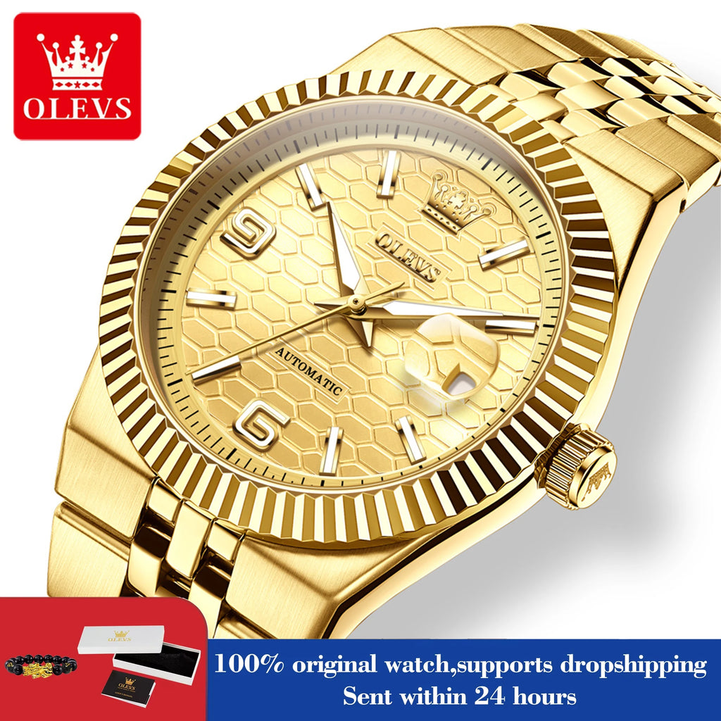 OLEVS 7105 Mens Watch Original Luxury Automatic Mechanical Watches Stainless Steel Waterproof Luminous Date Watches Gifts Box