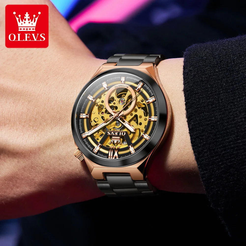 OLEVS 6722 Armbanduhr für Herren, modische, originelle, hohle, automatische mechanische Uhr, Top-Marke, wasserdicht, leuchtend, luxuriöse Herrenuhr