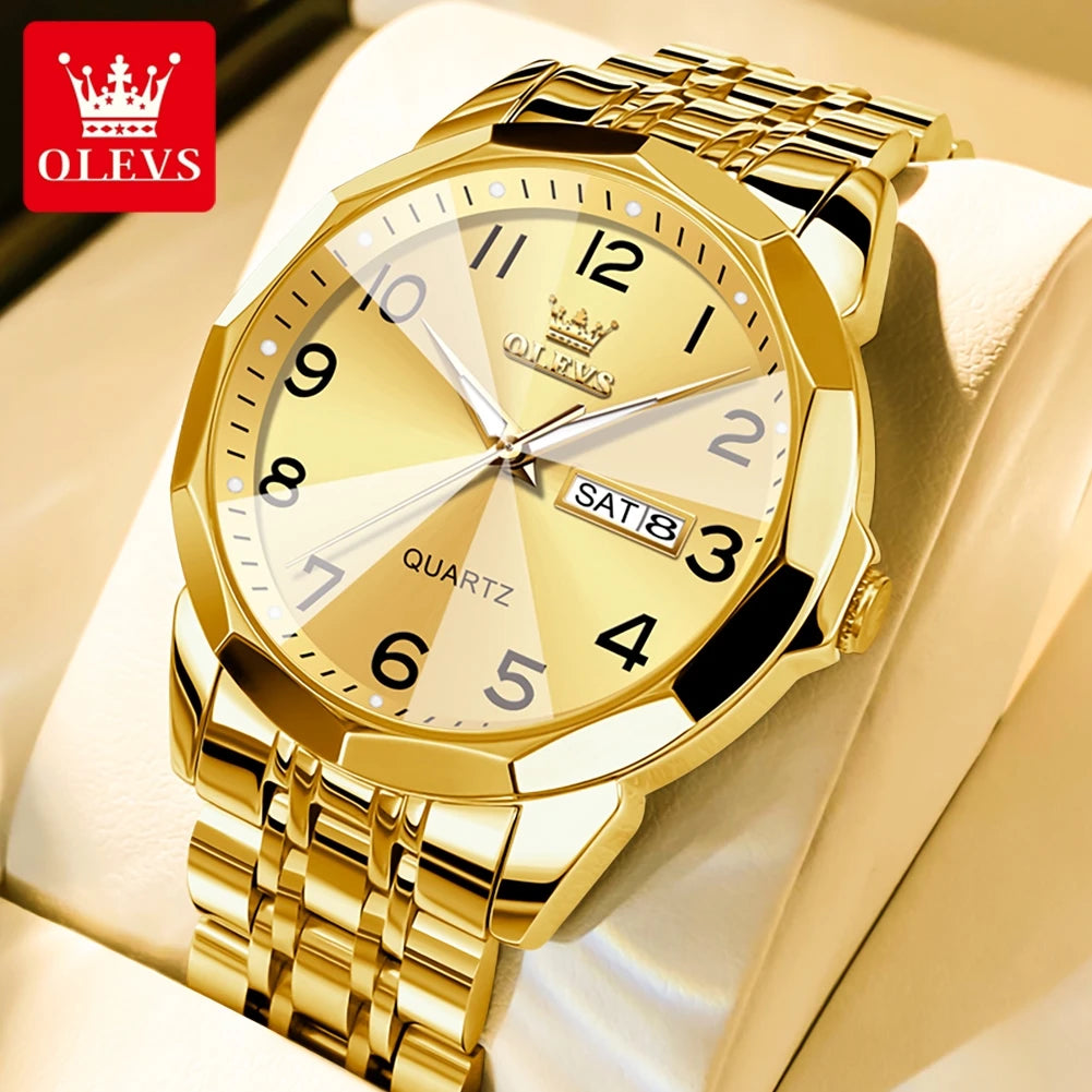 OLEVS 9970 Paar-Armbanduhr für Herren und Damen, luxuriöses Zifferblatt, Rhombus-Spiegel, Quarz-Handuhr, Edelstahl, originale Kleideruhren