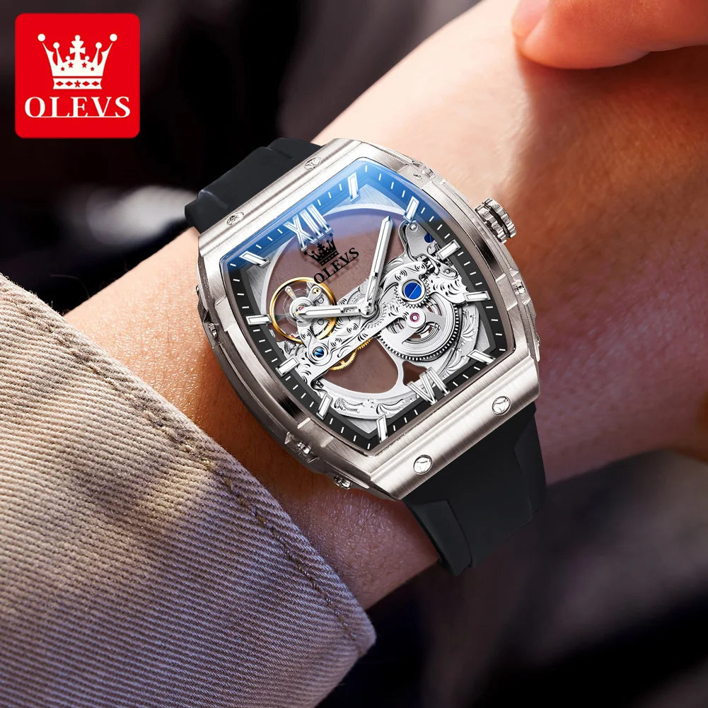 OLEVS 6779 Herrenuhr Skelett Luxus Tonneau Mechanische Uhren für Männer Wasserdichtes Silikonarmband Automatische Handaufzugsuhr Geschenkbox