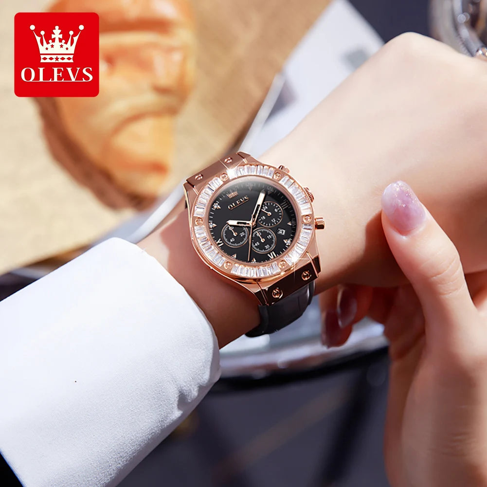 OLEVS 9978 Damenuhr, multifunktionale Quarzuhr, wasserdicht, leuchtendes Lederarmband, elegante modische Uhren für Damen, Geschenke