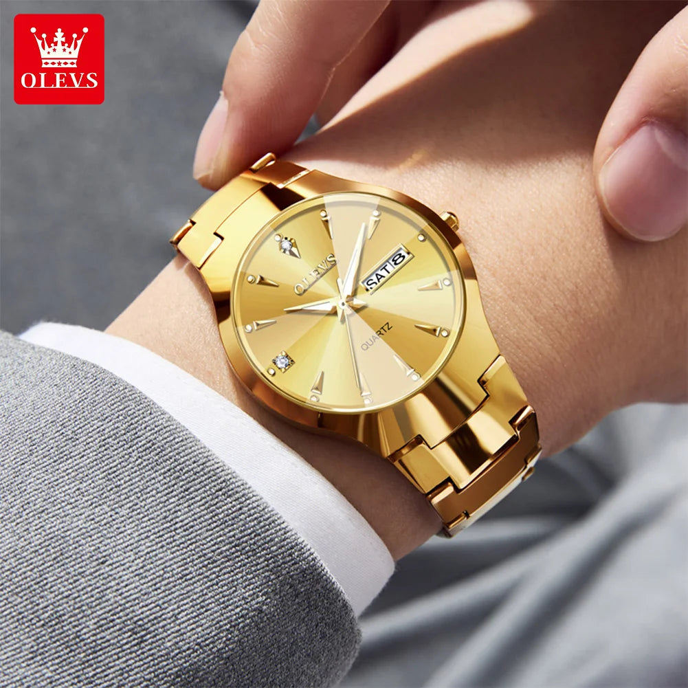 OLEVS 8697 Herrenuhr Top Marke Luxus Dual-Kalender Quarzuhr für Herren Rhombus-Spiegel Wolframstahlarmband Herren-Armbanduhr