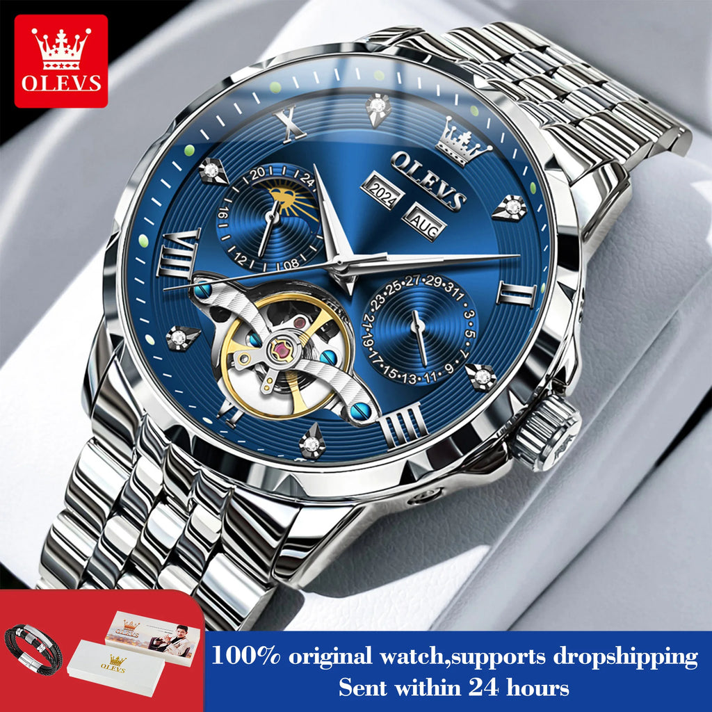 OLEVS 6691 Herrenuhren Luxus Römische Skala Mechanische Uhr für Herren Moonswatch Hohl Schwungrad Kalender Wasserdichte Armbanduhr