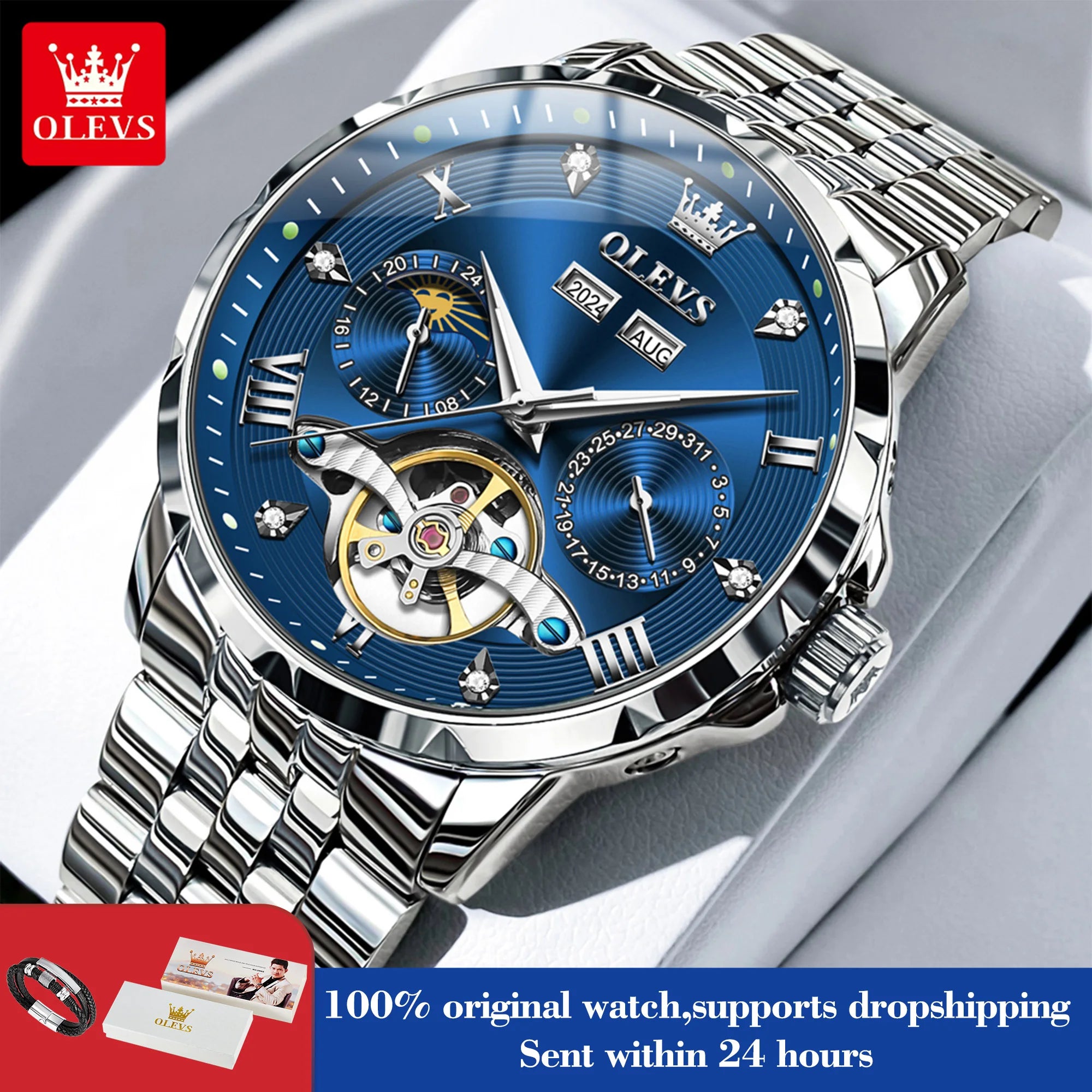 OLEVS 6691 Herrenuhren Luxus Römische Skala Mechanische Uhr für Herren Moonswatch Hohl Schwungrad Kalender Wasserdichte Armbanduhr