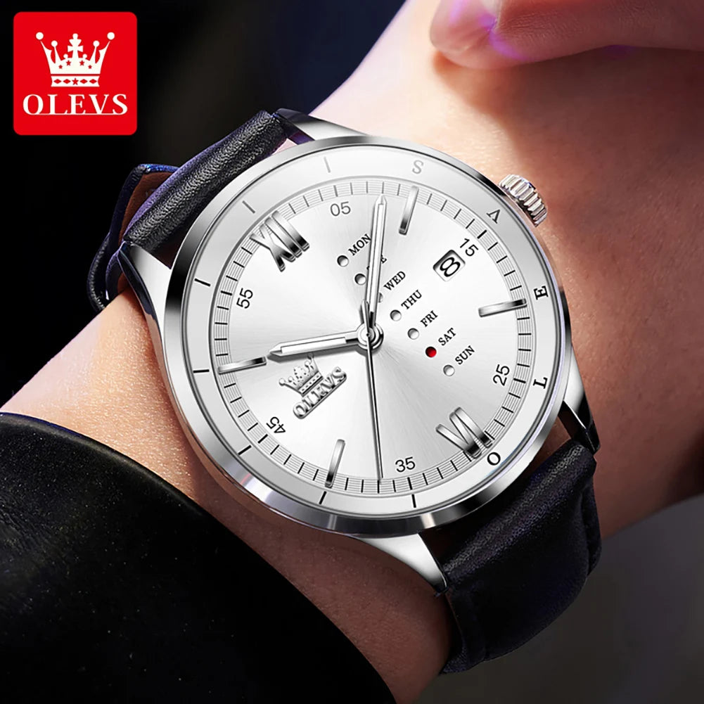 OLEVS Herrenuhren Schlichte Quarz-Kleid-Wochen-Datumsanzeige Für Herren Wasserdicht Leuchtendes Leder Business-Herrenuhr 2931