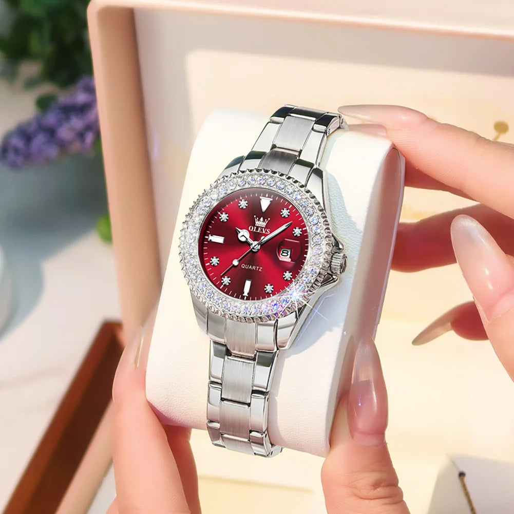 OLEVS 9945 Armbanduhr für Damen, klassisch, modisch, Datum, wasserdicht, Quarz, Damen-Kleideruhr, Luxus-Diamantskala, Originaluhren