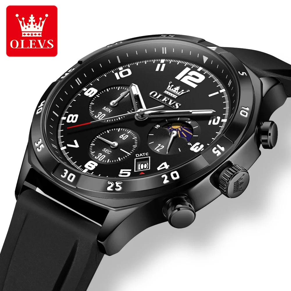 OLEVS 2986 Herrenuhr 42MM Mondphase Datum Quarzuhr für Herren Ziffernskala Wasserdichtes Silikonarmband Uhr Original