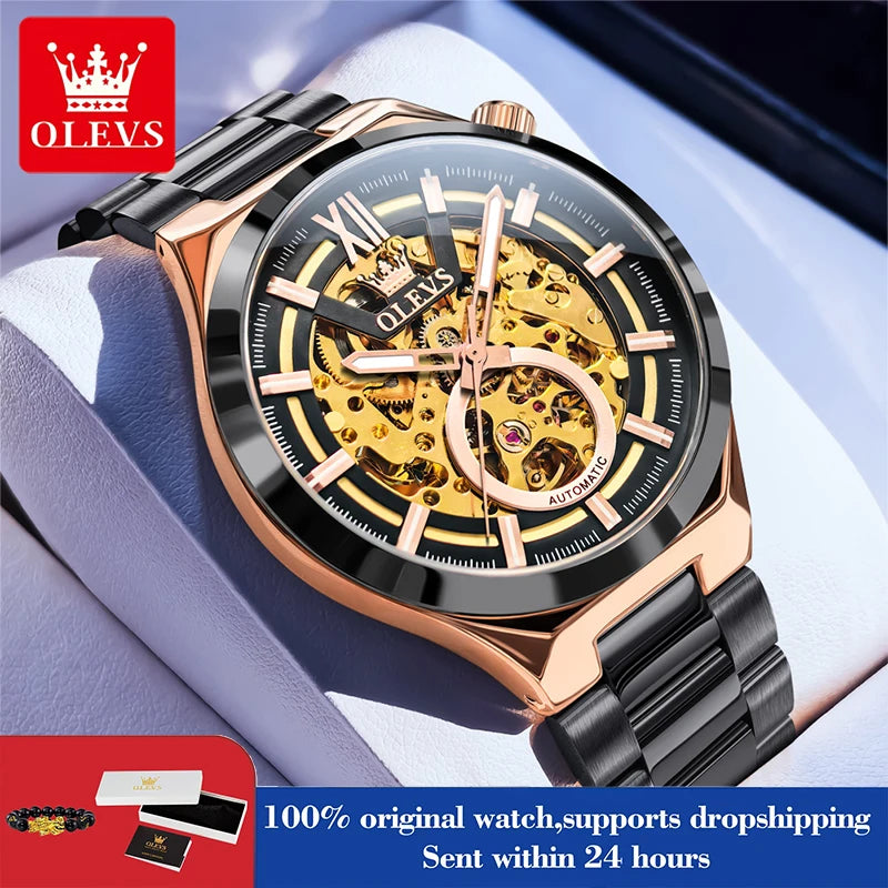 OLEVS 6722 Armbanduhr für Herren, modische, originelle, hohle, automatische mechanische Uhr, Top-Marke, wasserdicht, leuchtend, luxuriöse Herrenuhr