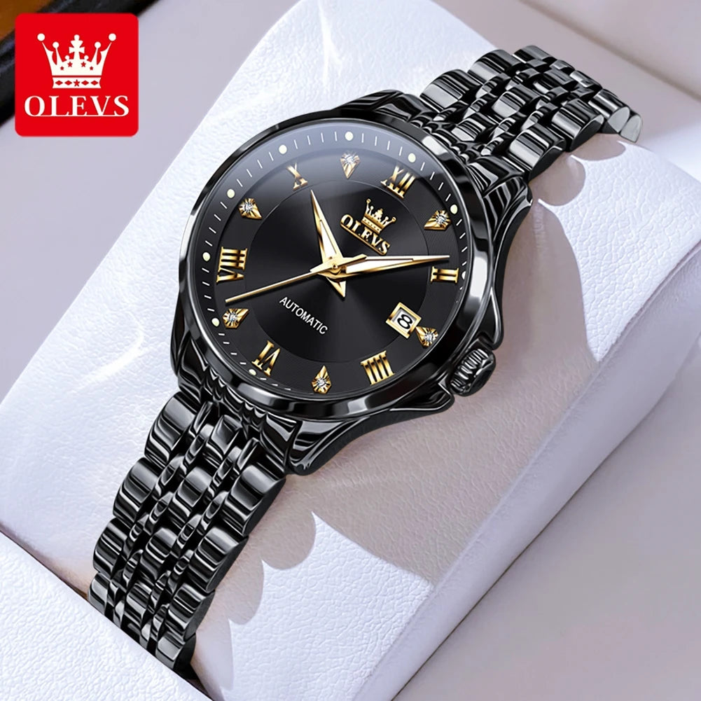 OLEVS 6702 Damenuhr Stahlarmband Automatische Datumsanzeige Mechanische Uhr für Damen Römische Skala Luxus Leuchtend Wasserdicht Damenuhr