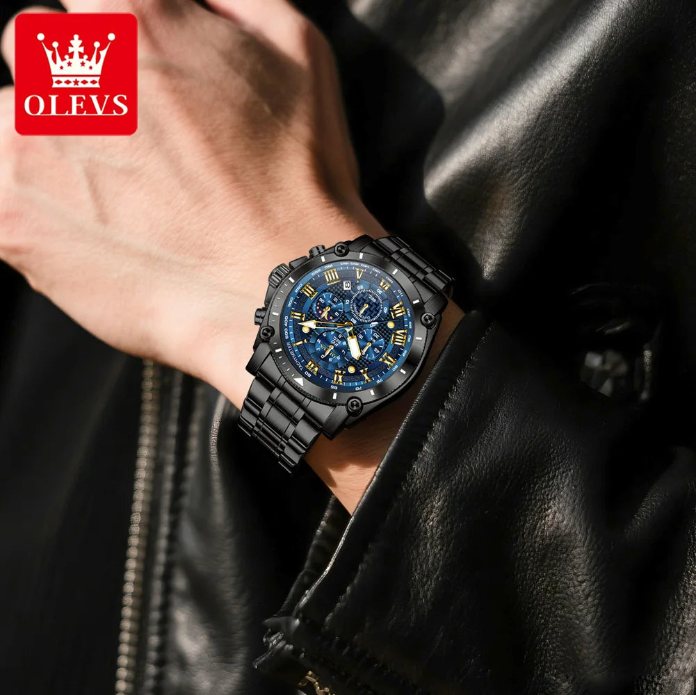 OLEVS 3689 Quartz Men Watch Fashion Original 47mm Big Dial Roman Scale Moon Phase Watch For Men Calendar Waterproof Hand Clock