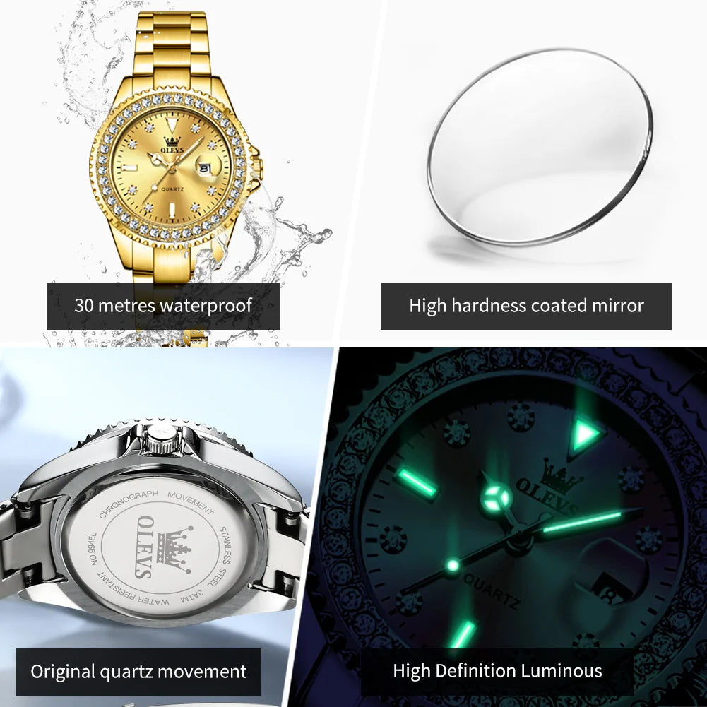 OLEVS 9945 Armbanduhr für Damen, klassisch, modisch, Datum, wasserdicht, Quarz, Damen-Kleideruhr, Luxus-Diamantskala, Originaluhren