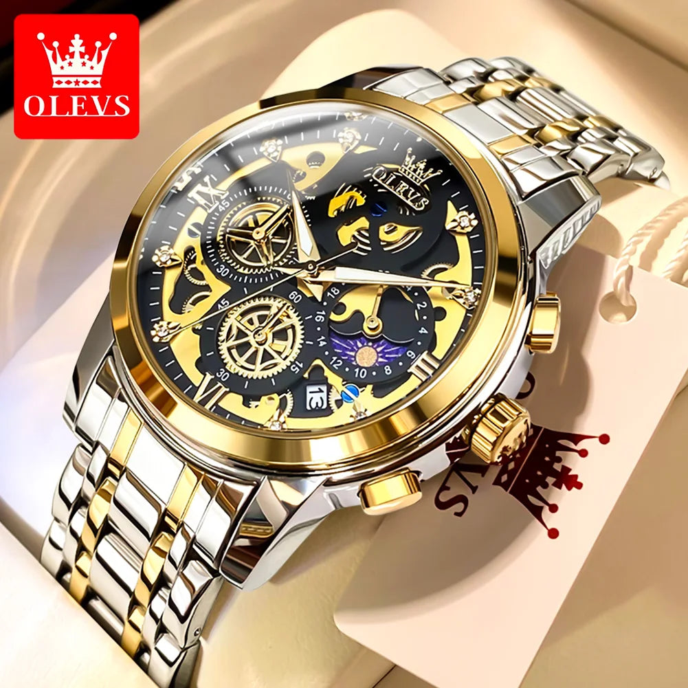 OLEVS 9947 Original Klassische Skelett Quarzuhren für Herren Marke Wasserdichte Edelstahl Kalender Herren Armbanduhr
