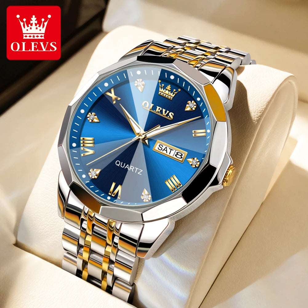 OLEVS 9931 Quarzuhr für Herren, Rauten-Spiegel, wasserdicht, leuchtend, Edelstahl-Armbanduhren, Doppelkalender, Herren-Armbanduhr