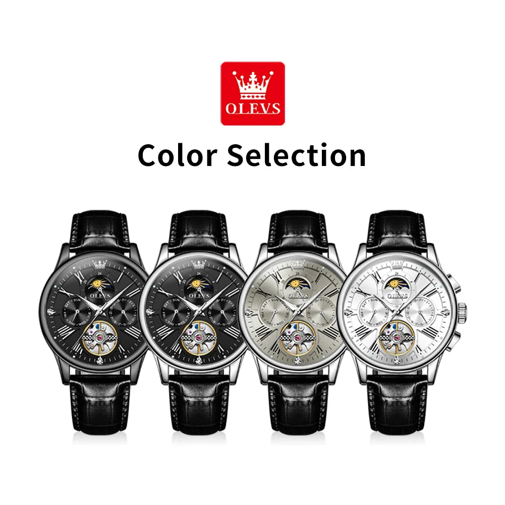 OLEVS Luxus-Herrenuhren Original Fashion Skeleton Automatische mechanische Uhren Wasserdichte Mondphasenuhren für Männer 9912