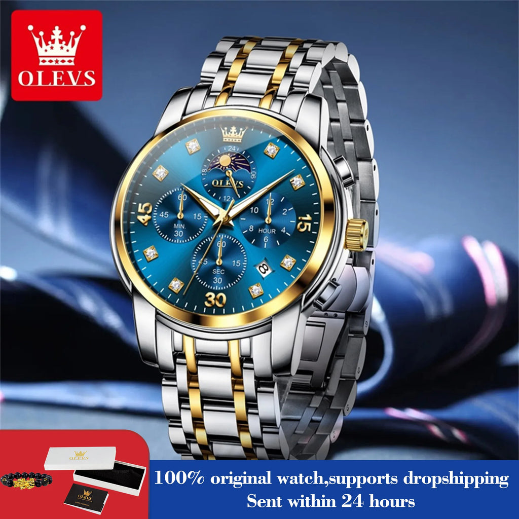 OLEVS 3652 Herrenuhr Ziffernskala Quarzuhr für Herren Chronograph Mondphase Datum Luxus Wasserdicht Leuchtende Herrenarmbanduhr