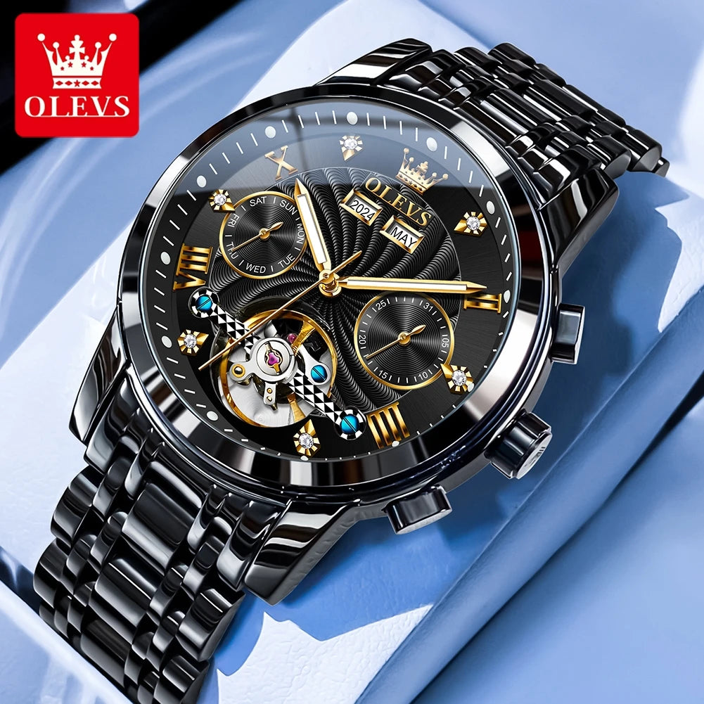 OLEVS 7088 Herrenuhr Mode Kalender Mechanische Uhr für Herren Original Hohl-Stahlarmband Business Armbanduhr Tief Wasserdicht
