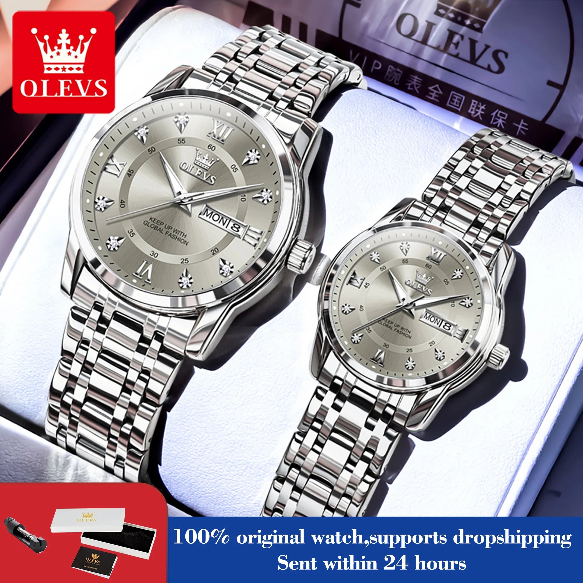 OLEVS 5513 Paar Uhren Luxus Dual-Kalender Quarzuhren für Männer Frauen Original Wasserdicht Leuchtende Diamant-Skala Zeigeruhr