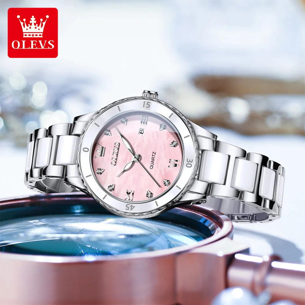 OLEVS 9985 Damenuhr Keramik Armband Mode Datum Quarzuhr für Damen Top Marke Wasserdicht Elegante Damenuhr