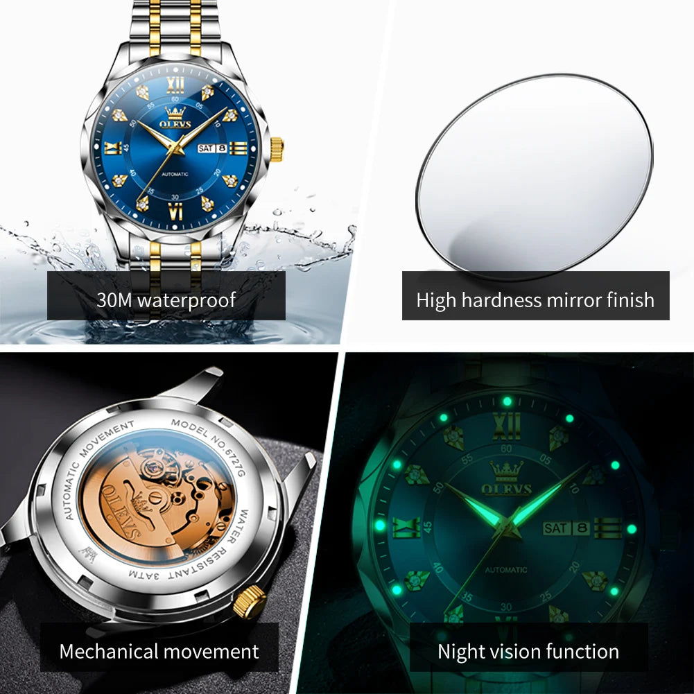OLEVS 6727 Herren Automatikuhr Luxus Dual Kalender Mechanische Armbanduhr für Herren Zirkonskala Edelstahlarmband Wasserdichte Herrenuhr