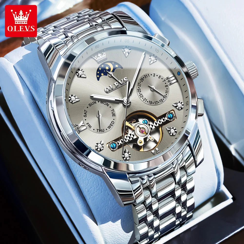 OLEVS Herrenuhren Business Mondphase Luxus Automatische Mechanische Uhr Für Herren Wasserdicht Edelstahl Woche Datum Uhr 6678