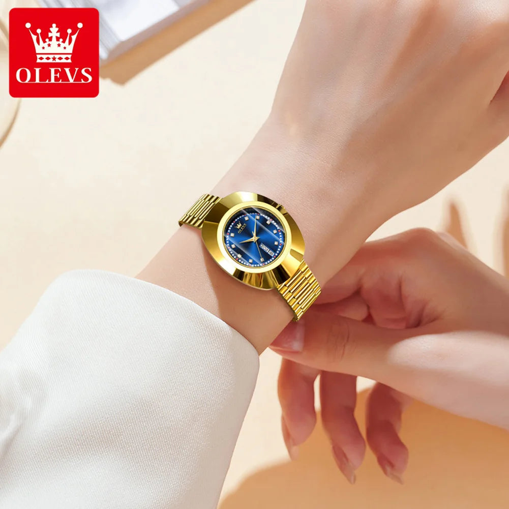 OLEVS 7017 Damenuhr Diamant Luxus Großes Zifferblatt Doppelkalender Quarz-Armbanduhren Top-Marke Wasserdichte Handuhr
