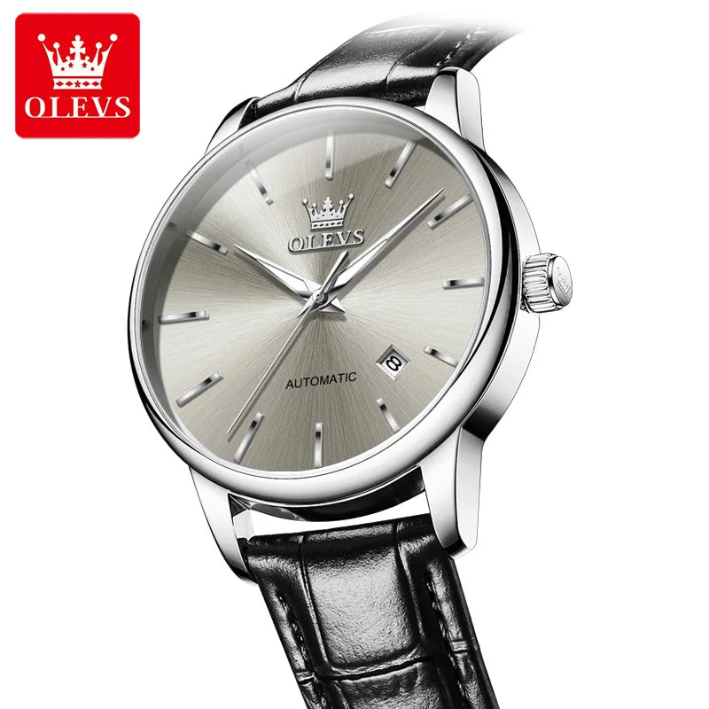 OLEVS 6725 Herren Automatikuhr Klassische Einfache Mechanische Uhr Für Männer Automatisches Datum Original Wasserdichtes Leder Herrenarmbanduhr