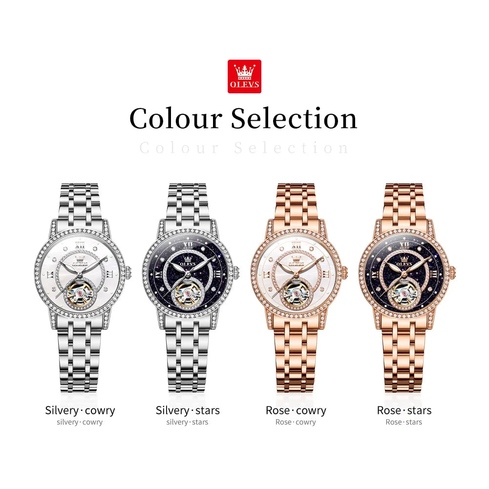OLEVS Hollow Original Mechanical Watches For Women Diamond Luxury Automatic Hand Clock Waterproof Elegant Woman Dress Watches