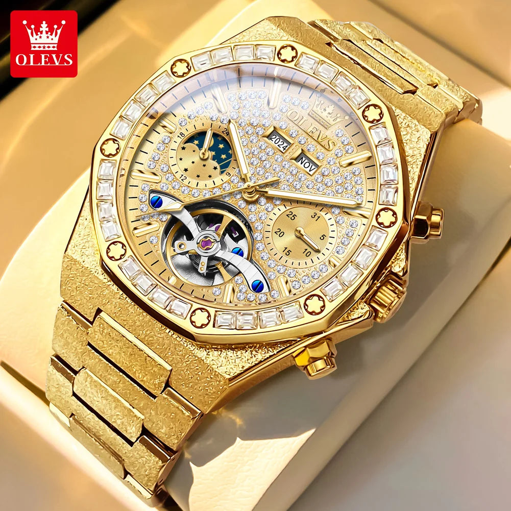 OLEVS 9805 Herrenuhr Luxus Klassische Hohl Skelett Diamant Wasserdichte Herren Handuhr Mondphase Datum Mechanische Uhr Für Männer