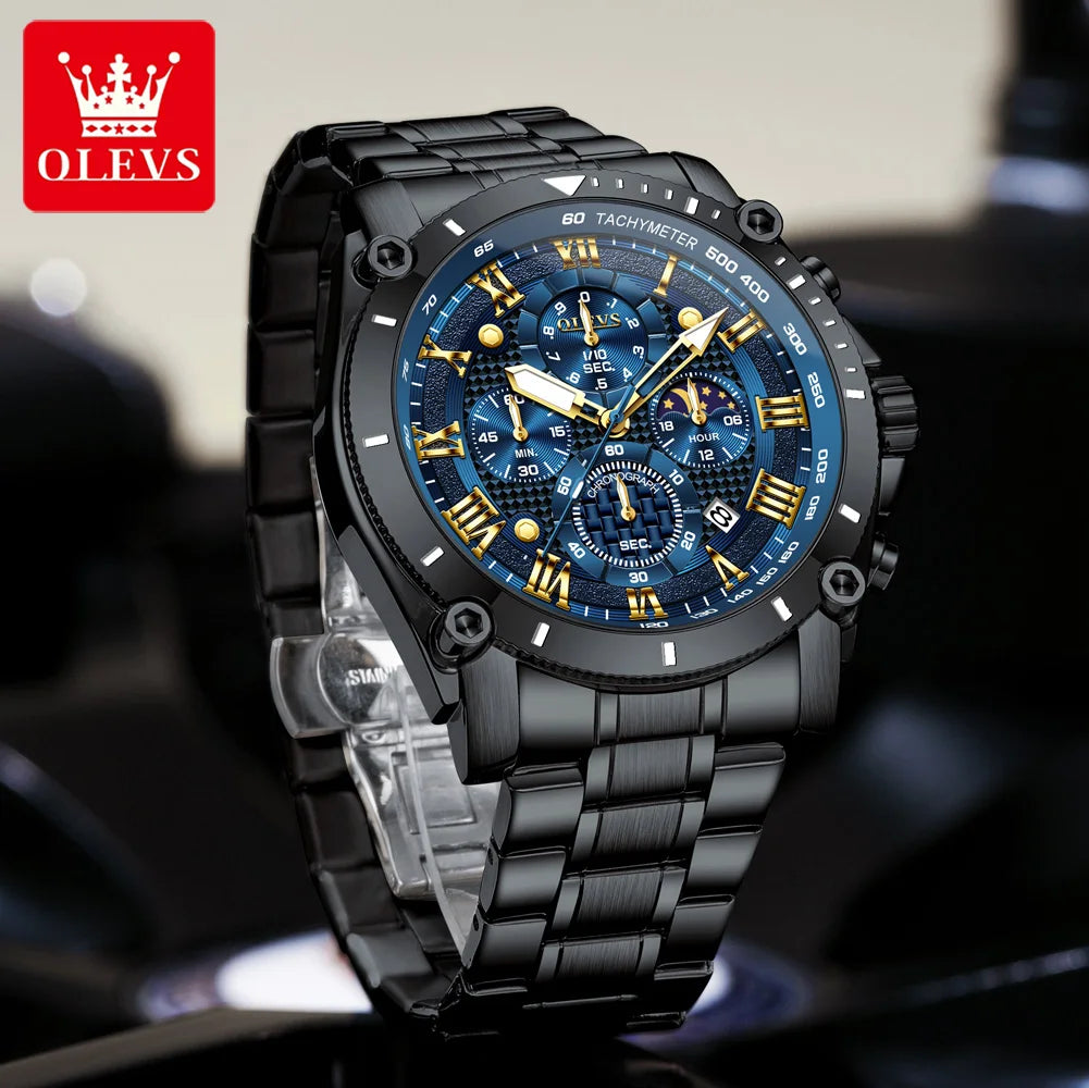 OLEVS 3689 Quartz Men Watch Fashion Original 47mm Big Dial Roman Scale Moon Phase Watch For Men Calendar Waterproof Hand Clock