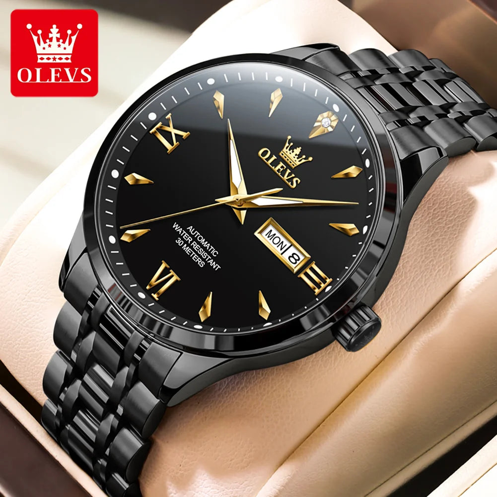 OLEVS 9956 Herrenuhr Stahlarmband Luxus Automatikuhr für Herren Original Mode Wasserdicht Mechanische Uhr Doppelkalender
