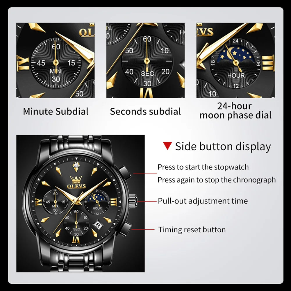 OLEVS 3639 Luxury Men's Watch Top Brand Moon Phase Chronograph Quartz Watches For Man Auto Date Fashion Waterproof Man Clock