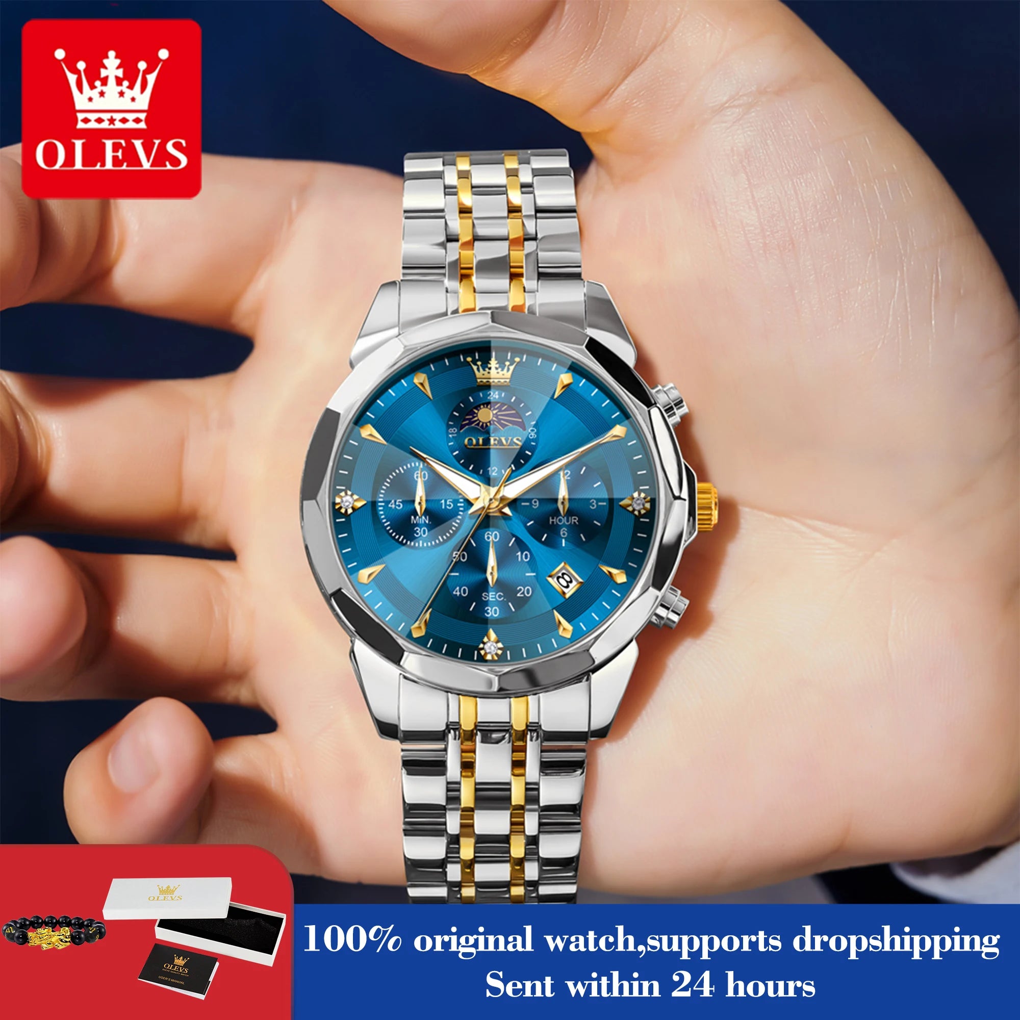 OLEVS 3673 Man Watch Fashion Chronograph Quartz Watch For Men 43mm Big Dial Moon Phase Calendar Waterproof Original Hand Clock